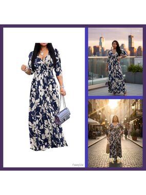 Womens Casual Maxi Dress Plus Size Wrap V Neck 3/4 Sleeve Sundress Pockets